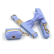 Load image into Gallery viewer, Ocean Blue Corduroy Dog Walking Set - Dog Collar, Bow, Leash & Waste Bag Holder - Petponia