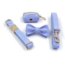 Load image into Gallery viewer, Ocean Blue Corduroy Dog Walking Set - Dog Collar, Bow, Leash & Waste Bag Holder - Petponia