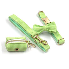 Load image into Gallery viewer, Fresh Lime Green Corduroy Dog Walking Set - Dog Collar, Bow, Leash & Waste Bag Holder - Petponia