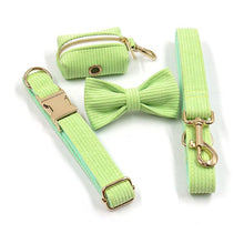 Load image into Gallery viewer, Fresh Lime Green Corduroy Dog Walking Set - Dog Collar, Bow, Leash & Waste Bag Holder - Petponia