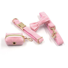 Load image into Gallery viewer, Pink Pleasure Corduroy Set - Dog Collar, Bow, Leash & Waste Bag Holder - Petponia