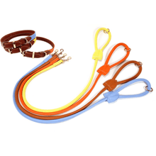 Load image into Gallery viewer, Luxe Vegan Leather Collar and Leash Set - Small / Luxe Orange - Small / Luxe Yellow - Small / Luxe Blue - Medium / Luxe Orange - Medium / Luxe Yellow - Medium / Luxe Blue