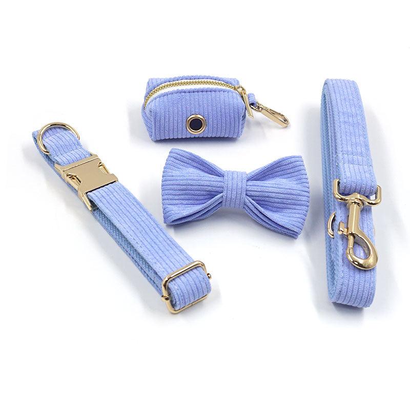 Ocean Blue Corduroy Dog Walking Set - Dog Collar, Bow, Leash & Waste Bag Holder - Petponia