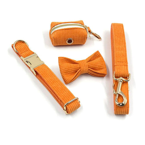 Sunrise Orange Corduroy Set - Dog Collar, Bow, Leash & Waste Bag Holder - Petponia