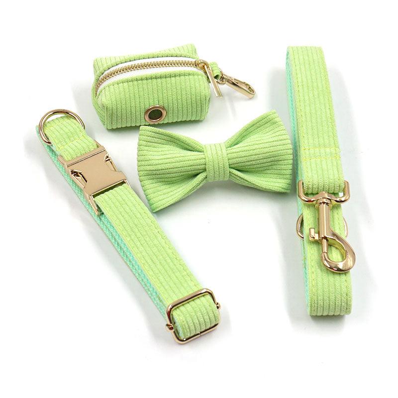 Fresh Lime Green Corduroy Dog Walking Set - Dog Collar, Bow, Leash & Waste Bag Holder - Petponia