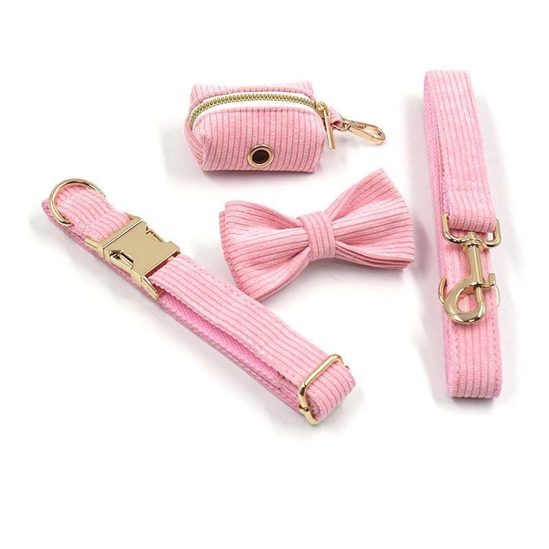 Pink Pleasure Corduroy Set - Dog Collar, Bow, Leash & Waste Bag Holder - Petponia