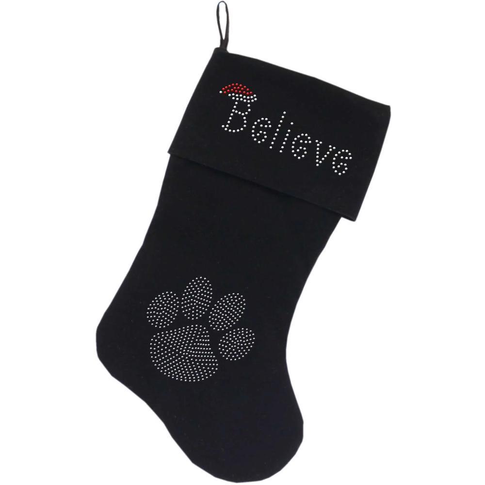 Believe Rhinestone 18 inch Velvet Christmas Stocking - Petponia