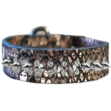 Load image into Gallery viewer, Double Clear Crystal and Silver Spike Dragon Skin Genuine Leather Dog Collar - Petponia
