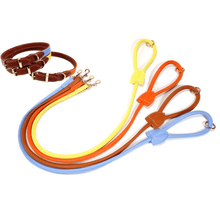 Load image into Gallery viewer, Luxe Vegan Leather Collar and Leash Set - Small / Luxe Orange - Small / Luxe Yellow - Small / Luxe Blue - Medium / Luxe Orange - Medium / Luxe Yellow - Medium / Luxe Blue

